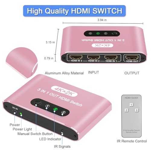 HDMI Switch 3 in 1 Out, 4K@60Hz HDMI Splitter with Remote Control, 3 Ports HDMI Switcher, Perfect for Full HD 4K 1080P 3D Video Roku Fire TV Blu-ray Players Stick Apple PS4/PS5 Xbox Chromecast (Pink) - color: Pink