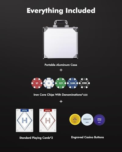 HEITOK 600pc Poker Chip Set 11.5g Iron Core Denominations Texas Holdem | 2-16 players, numbered values 1/5/25/100/500, aluminum case, cards, dice, dealer/small/big blind buttons, Blackjack - size: 600 numbered chips set