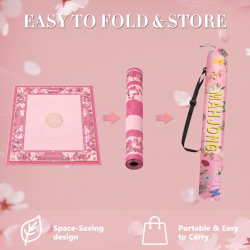 35 Inch Canvas Mahjong Mat Bag | Portable Drawstring Storage Carrying Bag with Shoulder Strap for Mahjong Mats,Travel,Game Nights and Board Games - color: Pink Bloom