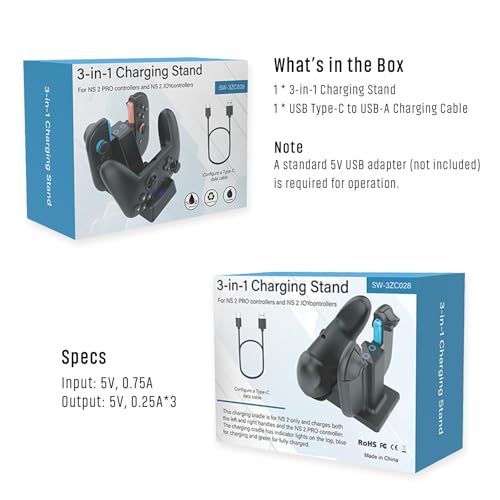 3-in-1 Charger Dock for Nintendo Switch 2 Controller | Charing for NS 2 Pro Controller 2&1 and JOYController 2, Charging Stand, LED Indicator