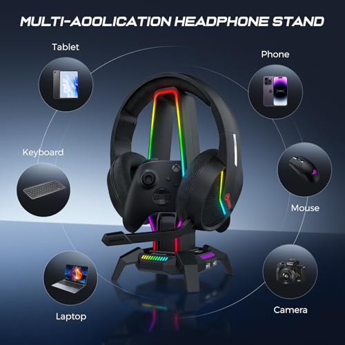 MARVO RGB Headphone Stand Data Transmission, 9 Lights Mode Headset Holder with 1 USB-C & 3 USB Ports & 1 3.5mm Jack Port, Ultimate Gaming Accessories for Gamers for PS, Xbox, PC