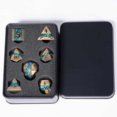 Metal Polyhedral Dice Set, 7PCS RPG Dice with Galaxy Glitter Resin Inlay for Dungeons and Dragons, Pathfinder Tabletop Role Playing Games - color: Antique Turquoise