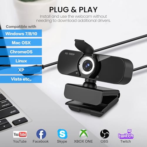 1080P Full Webcam with Microphone, Privacy & Safety Protection, USB HD Computer Web Camera, Plug and Play, for Laptop, Teams, Desktop, Conferencing and Video Calling, 2026 Version(Black)