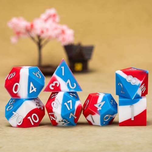 D&D Silicone Rubber Polyhedral DND Dice Set,Sharp Edges Soft Perfect Bouncer for Dungeons and Dragons, RPG, MTG (D4, D6, D8, D10, D12, D20, D%) for Ages 15 and Up - color: Blue White Red