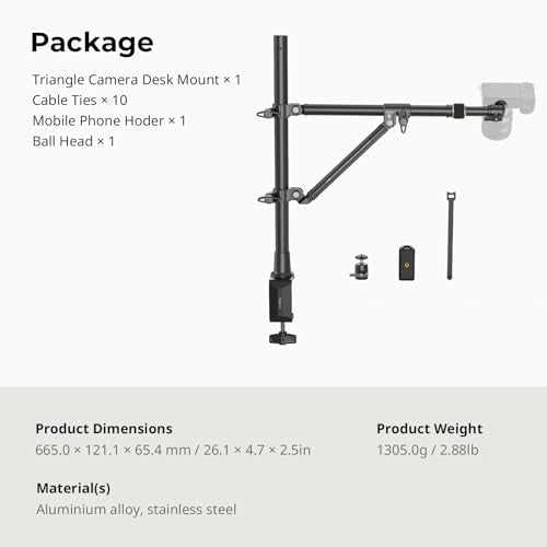 SMALLRIG Triangle Camera Desk Mount, Max. Load 3kg/ 6.6lbs, Overhead Mount with Auxiliary Support Rod, with Phone Holder and Small Ball Head for Camera/Phone/Light/Webcam - style: Clamp 4304