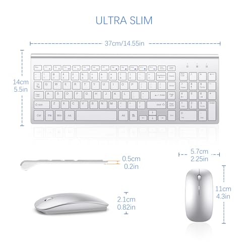 Wireless Keyboard and Mouse Ultra Slim Combo, TopMate 2.4G Silent Compact USB 2400DPI Mouse and Scissor Switch Keyboard Set with Cover, Batteries Included, for PC/Laptop/Windows/Mac - Silver White - color: Silver White