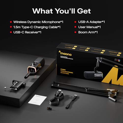 MAONO PD100W Wireless USB Dynamic Microphone, Gaming PC Mic with One-Click Noise Reduction,Mute Button,Custom RGB,3.5mm Headphone Jack,Software,Podcast Streaming Mic (Boom Arm(USB-C Receiver), Black) - color: Black
