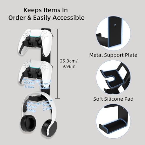 ZYTHRONE Dual Controller Holder Wall Mount, Metal Headset Stand for PS5, PS4, with Stable 3M Adhesive, Strong Adhesive by Screws, Black