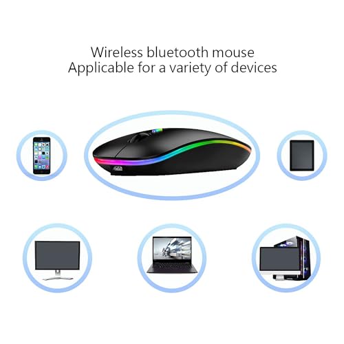 WREANU Wireless Bluetooth Mouse Rechargeable Laptop Mice with LED Lights Silent Slim Use(BT5.2 and 2.4G Portable USB) Dual Mode Computer Mouse for Laptop/iPad/Tablet/Apple/Computer/Mac (Black) - color: Black