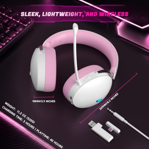 Acer 2.4GHz Wireless Gaming Headsets for PS5, PS4, PC, Switch, Tri-Mode Gaming Headphones with Noise Canceling Mic, Stereo Sound, 40+Hr Battery, 50mm Drivers - PinkWhite - color: PinkWhite
