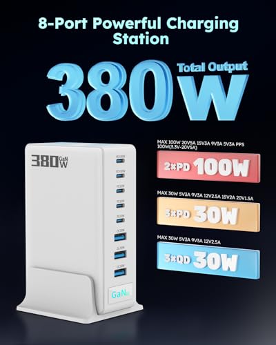 380W USB-C Charger Block, 8-Port USB-C Charging Station PD 30W + 100W PC Laptop, Fast Charging Hub with High-Power Fast Charging Cable for MacBook Pro/Air, DELL, iPad, iPhone, Samsung Galaxy, White - color: 380W White