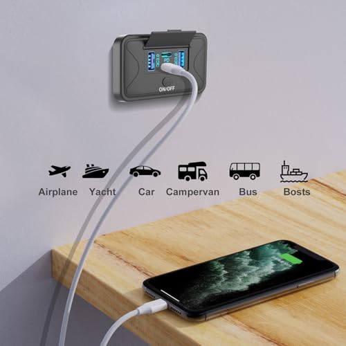 78W 4 Port 12V USB Outlet Wall Mount, Dual 36W PD & Dual 18W QC3.0 Lightweight Surface Mount Charger Socket Panel with Button Switch for Bus RV Truck Marine Golf Cart