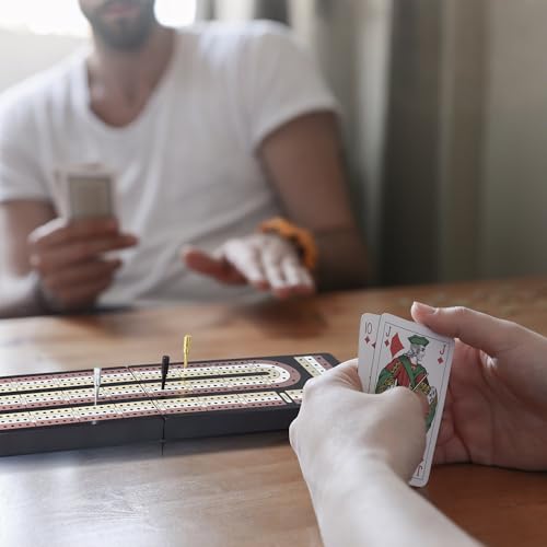 Cribbage Board Game Set - Wooden Foldable 3-Track Board with Magnetic Closure, 9 Metal Pegs, Playing Cards, Portable Family Travel Game for Gatherings and Gifts