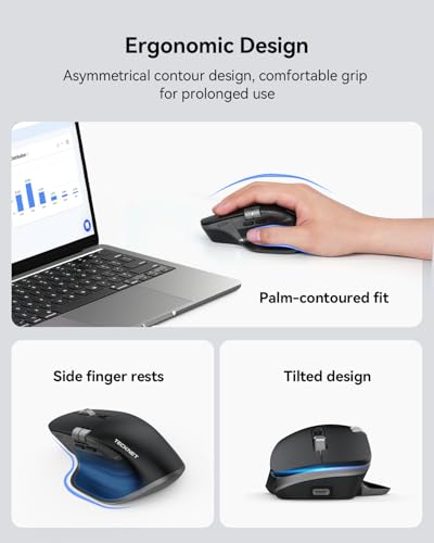 TECKNET Wireless Mouse, Bluetooth Mouse (BT5.3/5.0 & 2.4G) Rechargeable Ergonomic Optical Mouse with 6 Adjustable DPI, Side Scroll, Quiet Clicks, USB A Receiver, 7 Buttons, Wide Compatibility - Black - color: Black
