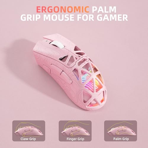 Aula SC620 Wireless Gaming Mouse, Tri-Mode 2.4GHz/USB-C/BT5.3 Computer Mouse with 12000 DPI, Programmable Macro Gamer Mouse with Rapid Fire Key, RGB Light Gaming Mice for PC/Laptop/Mac (Line Pink) - color: Line pink