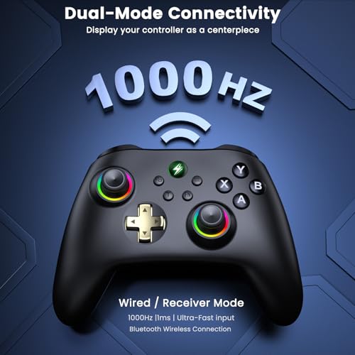 Wireless PC Gaming Controller - Hall Effect Joystick - No Drift, 2.4G & Wired 1000Hz Polling Rate, Remappable Buttons, Turbo & Vibration, Bluetooth Gamepad for PC/Switch/iOS/Android with Charging Dock - color: Black
