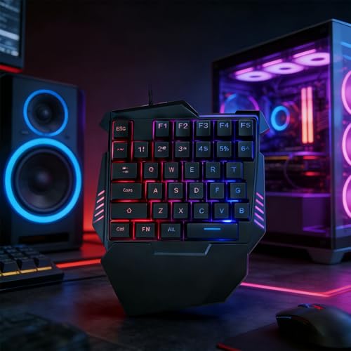 Fabater One Handed Gaming Keyboard, 35 Keys, Rainbow LED, Wired USB, Ergonomic with Wrist Rest, Mini Portable, Compatible with PC Laptop
