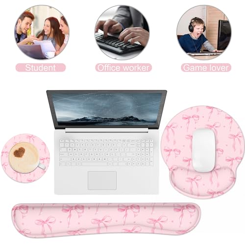 Ergonomic Mouse Pad with Wrist Rest and Keyboard Wrist Rest, Mousepad and Wrist Rest for Computer Keyboard, Non-Slip Rubber Base, Mouse Pad Wrist Support for Gaming, Pink Bow - color: Pink Bow
