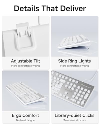 SEUNKWANG Wired Backlit Keyboard with Pudding Keycaps, Quiet Full Size Computer Keyboard White Backlight Easy-to-Read, Never Fade, Metal Panel, USB Cute Desk Setup for Windows PC Desktop, White - color: White