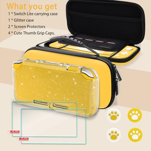 TIKOdirect Carrying Case for Nintendo Switch lite, Shockproof Portable Travel Bag with Glitter Galaxy cover, Screen Protectors and Cute Thumb Grips Caps, Yellow - color: Yellow