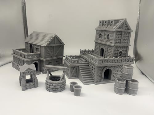 HAUTICO Middle Ages Medieval Town Buildings Terrain Set for Miniatures Tabletop Campaigns, Hobby Building, Diorama Kits, 3D Printed and Paintable, Gift for Tabletop Hobby Enthusiasts (18mm)
