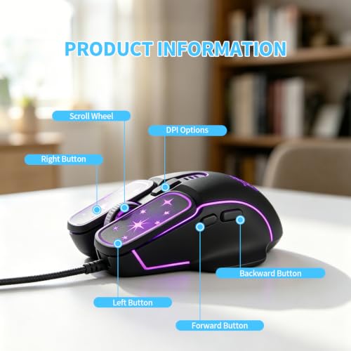 Wired Gaming Mouse, Lightweight USB Optical Computer Mice with 7 Buttons, 4 Adjustable DPI (1200-7200), Ergonomic Shape for Computers and Laptops, Black - color: Black