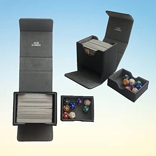 AEGIS GUARDIAN Card Deck Box with Dice Tray for MTG Cards, Commander Deck Box fit 150+ Sleeved Cards, PU Leather Card Storage Box Strong Magnet Deck Game Case for TCG CCG, Black - color: 1-2