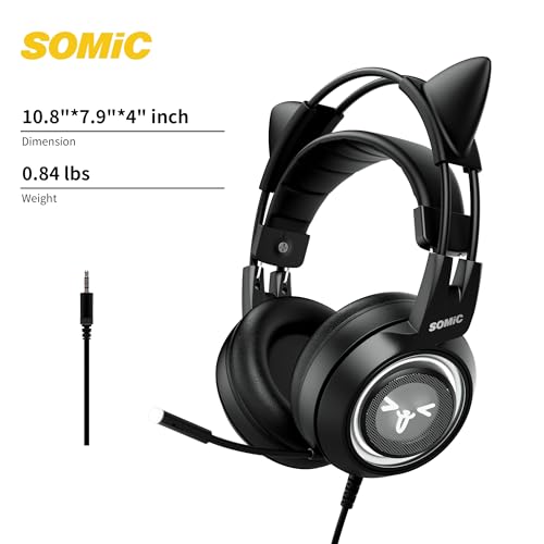 SOMIC Stereo Gaming Headset with Mic for PS4, PS5, Xbox One, PC, Mobile Phone, 3.5MM Sound Detachable Cat Ear Headphones Lightweight Self-Adjusting Over Ear Office Headphones G951S Black - color: Black