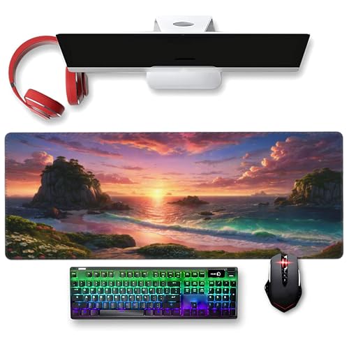 XXL Gaming Mouse Pad 35.4x15.7 inch,Quiet Ocean Sea Landscape Theme Desk Mat,Large Rock Wave Sunset Scene Mousepad (Quiet sea) - color: Quiet sea