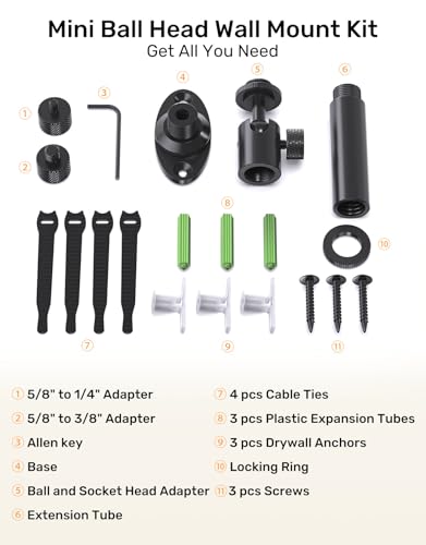 Microphone Wall Mount Bracket with Swivel Mini Ball Head, Mic Wall Mount Flange Base, 5/8" to 3/8" & 1/4" Mic Stand Adapter, Extension Tube Kit - Compatible with Camera, Microphones, Lights, Webcam