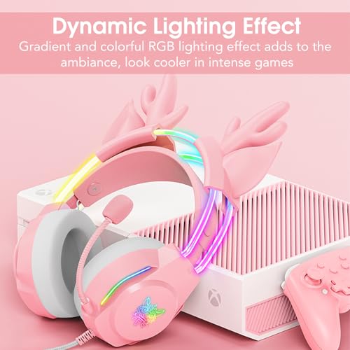 Gaming Headset with Microphone, Deer Ears Headphones for PC Laptop PS4 PS5 Xbox Switch, Rainbow RGB Lighting & Virtual Surround Sound, 3.5mm Over Ear Headphones, Ergonomic - color: Pink Deer Ear