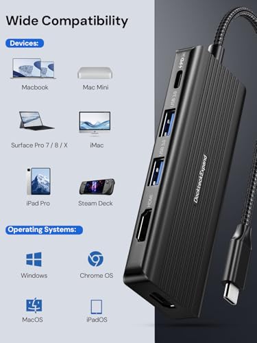 USBC to HDMI, DockteckExpand 5-in-1 USB C Hub with Dual HDMI | 4K@30Hz, 2 USB 3.0 Ports, 100W PD Charging – Compatible with MacBook, Dell, Chromebook & More - color: Cool Black