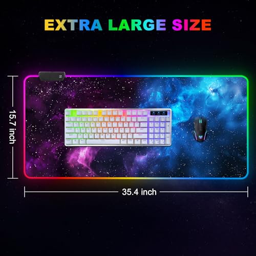 ARTSO RGB Mouse Pad Led,XXL Large Mouse Pad Purple Blue Starry Nebula, Big Mouse mat Computer Mousepad with 14 Light Modes, 35.4 x15.7 Inch Keyboard Mat - color: Purple Blue Starry Nebula