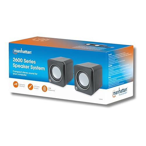 MANHATTAN USB Powered Stereo Speaker System - Small Size - with Volume Control & 3.5 mm Audio Plug to Connect to Laptop, Notebook, Desktop, Computer - 3 Yr Mfg Warranty - Black Silver, 166898 - color: Black Silver