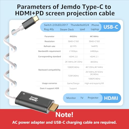 JEMDO Switch 2 Dock HDMI Cable,4K@60Hz 18Gbps,USB C to HDMI 2.0,100W PD Play While Charging,6.6 ft,Portable Travel TV Adapter Compatible with Nintendo Switch 2(Only Below V21.0.0)/2017/OLED - color: Black, style: 60
