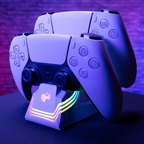 PDP Afterglow Wave Dual Charger for PS5, PS4, PlayStation Controllers | Customizable RGB Lighting, Charges 2 DualSense Controllers, Rechargeable 40-Hr Battery, Licensed for PlayStation 5 & 4, White - color: White, style: PlayStation