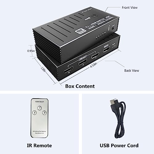 8K HDMI 2.1 Switch 3 in 1 Out & HDMI Splitter 3 in 1 Out with Remote Bidirectional Switcher - 4K 120Hz Auto Switching Hub for Gaming/HDR, Compatible with 8K/4K/HDCP 2.3, Support 4K 120Hz 4:4:4