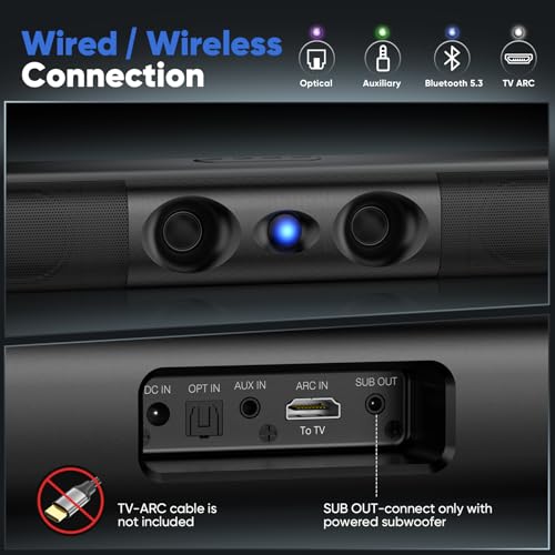 60W Sound Bar for Smart TV | 17 Inch, Deep Bass, Crystal Dialogue, Bluetooth 5.3/ARC/Optical/AUX Input, Wall Mountable,for Projector/PC/Gaming - size: 17 Inch