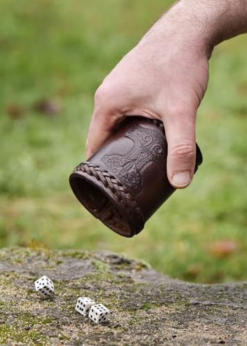 Ulfberth - Viking dice Cup with Embossed Motif - Genuine Leather - Medieval Leather Cup with Engraving (Thor's Hammer Style, Brown) - color: Thor's Hammer, Brown