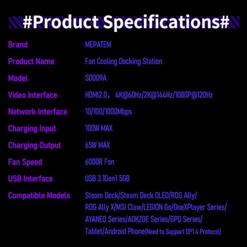 6-in-1 Gaming Docking Station, Built-in Cooling Fan & RGB Light, 4K@60Hz HDMI, Gigabit Ethernet, 100W PD Charging, Adjustable Stand, Portable Dock for Steam Deck, ROG Ally, Legion Go