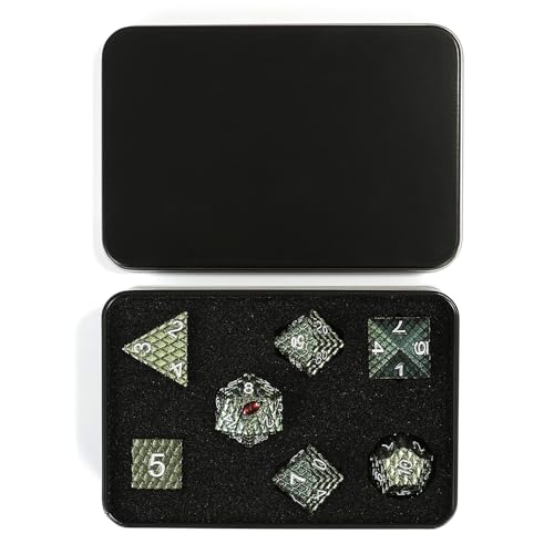 7pcs Dragon Scale Dice Set,Dragon Eye Metal Dice with Gift Metal Box for TTRPG Tabletop Gaming,Dungeon Masters,RPG Adventures(Grass Green & Red Eye) - color: Grass Green & Red Eye
