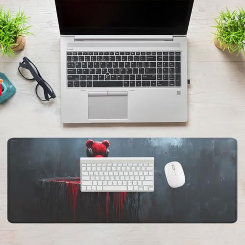 Bear Gaming Mouse Pad Dark Gothic Headphones Blood Art Large Gaming Mouse Mat with Stitched Edges,Non-Slip Waterproof Rubber Base Mous Mat Office Computer Keyboard Laptop 31.5x11.8 Inch - color: Bear_04, size: 31.5L x 11.8W inches