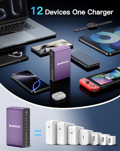 12 Ports Aluminum Alloy 380W Charging Station Fast USB C Charger Block | 65W Laptop GaN Charger for MacBook Pro/Air/iPad Pro/iPhone (Purple) - color: Purple