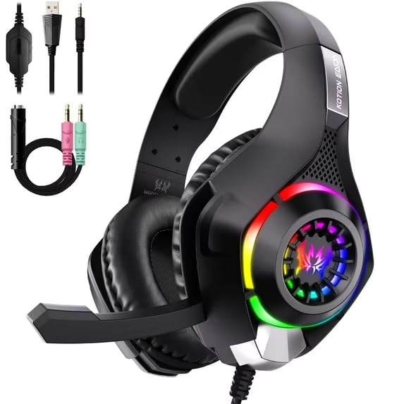 Gaming Headsets Wired for with RGB Light, Noise Canceling Mic,Surround Sound,Over Ear Muffs Gaming Headphones,Black