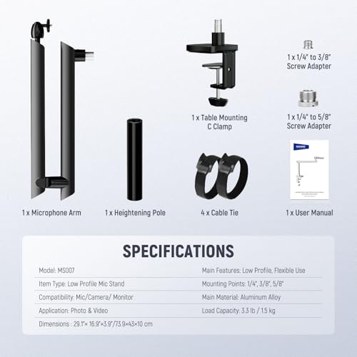 NEEWER Microphone Stand, Low Profile Damped Mic Holder Boom Arm Desk Mount with Ball Head & 3/8" 5/8" Adapters Compatible with Blue Yeti Snowball HyperX QuadCast SoloCast Shure, Max Load 3.3 lb, MS007 - style: MS007