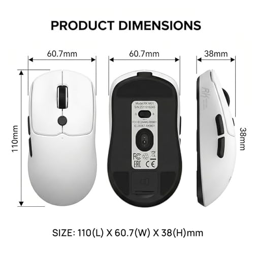 RK ROYAL KLUDGE MO1 Wireless Mouse, 55g Ultra-Lightweight Computer Mice, 6 Programmable Buttons, 2.4GHz/Bluetooth/Wired, 6000 DPI Optical Sensor, White - color: White