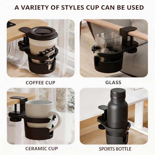 No Drill Desk Cup Holder Clamp, 360° Rotating Anti-Spill Table Cup Holder, Adjustable Clip on Cup Holder for Gaming Desk, Gamer Gift, Drink Holder for Coffee Cup, Office Accessories