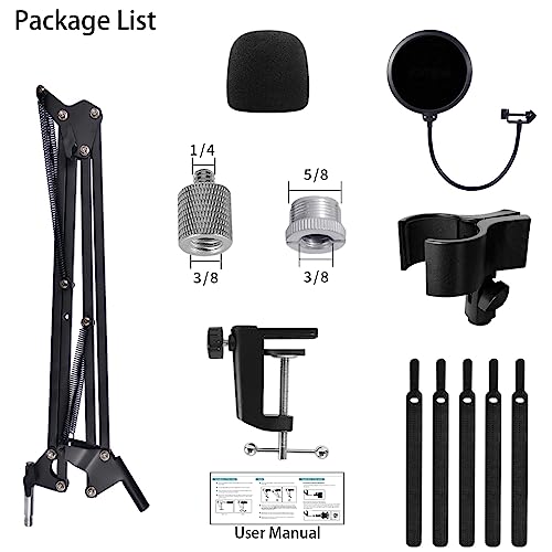 Boom Arm Mic Stand for Blue Yeti, Nano, HyperX QuadCast Snowball Fifine and More Mic, Adjustable Boom Arm Desk Microphone Stand with 3/8" to 5/8" 1/4" Screw, Pop Filter