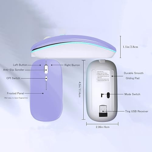 WREANU Wireless Bluetooth Mouse Rechargeable Laptop Mice with LED Lights Silent Slim Use(BT5.2 and 2.4G Portable USB Receiver)Dual Mode Computer Mouse for Laptop/iPad/Tablet/Apple/Computer/Mac(Purple) - color: Purple Wireless Bluetooth Mouse