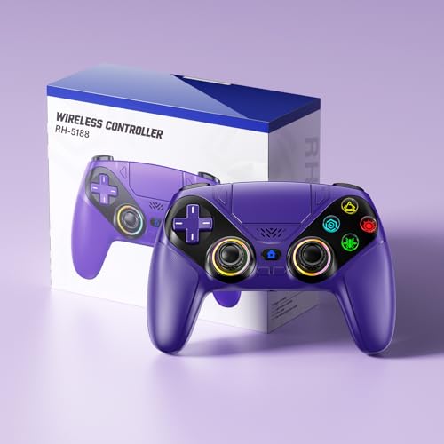 LENISUOLE Wireless Controller for PS5/PlayStation 5 & PC - Purple, Bluetooth Gamepad with Turbo, 6-Axis Motion Sensor, Programmable Buttons, RGB Lighting, 3.5mm Audio Jack, 1000mAh Battery - color: Purple